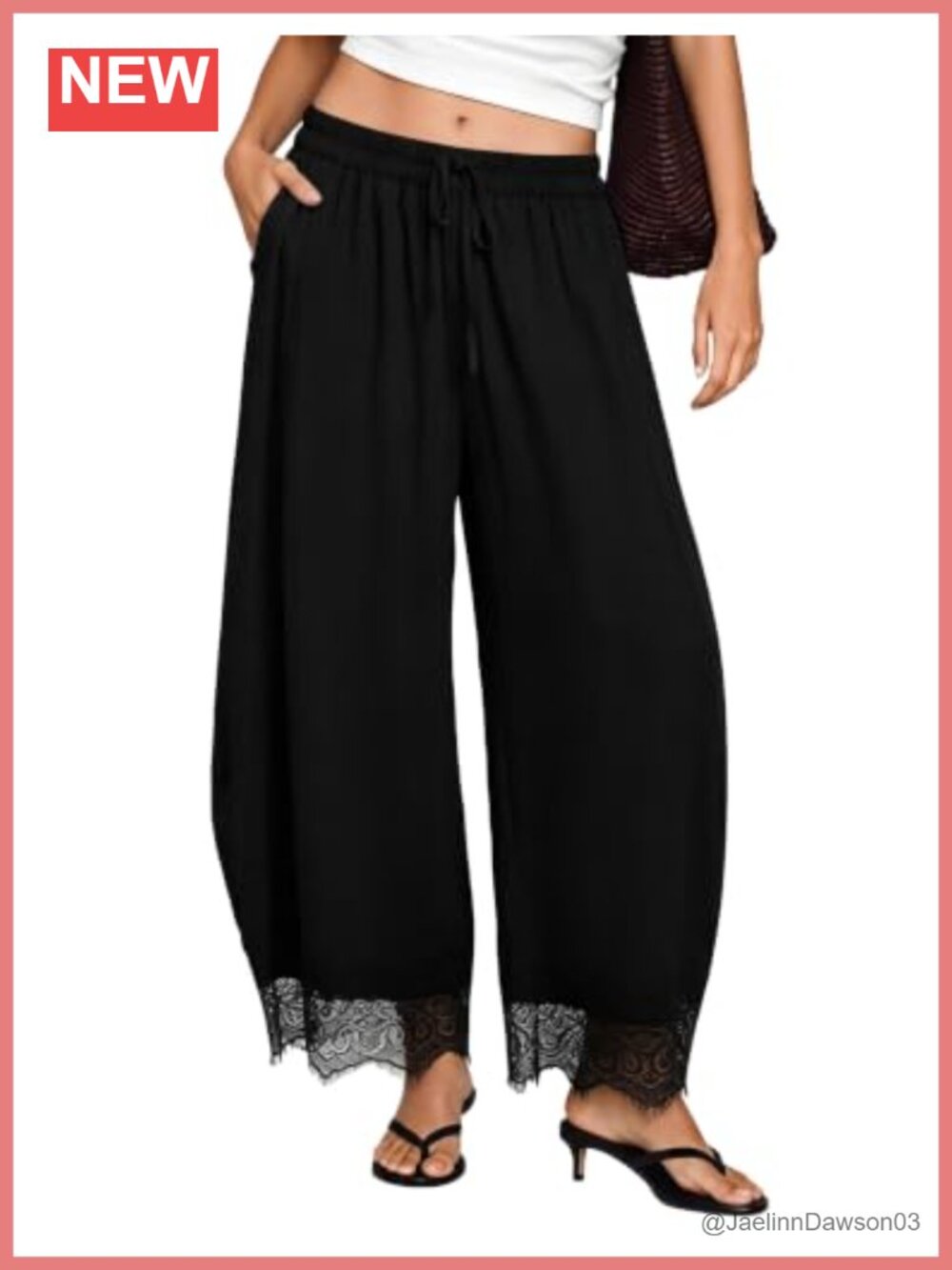Lace Trim Wide Leg Cropped Pants Drawstring Waist Lightweight Beach Trousers